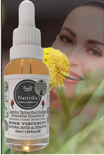 Load image into Gallery viewer, Nativilis Jambu Spilanthol Golden Amazonian Bioactive Oil - Spilanthes Acmella Oleracea Extract - High Viscosity - Better Skin Penetration 100% Natural Botox Alternative - Relax facial muscles reduce wrinkles antioxidant properties Copaiba - 30 ml