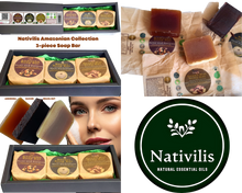 Load image into Gallery viewer, Nativilis Amazonian Collection 3-piece Soap Bar 300 grams - ANDIROBA BACURI BRAZIL NUT - Natural Vegan Emollient Face Skin Body Soap Moisturises & Cleanses No Chemicals Additives, Colours or Lauryl