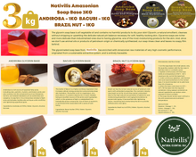 Load image into Gallery viewer, Nativilis Amazonian Soap Base 3KG - ANDIROBA 1KG - BACURI 1KG - BRAZIL NUT 1KG - Natural Vegan Emollient Face Skin Body Moisturises Cleanses No Chemicals Additives, Colours or Lauryl - Melt and Pour