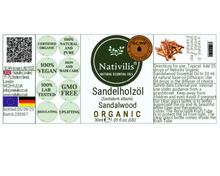 Load image into Gallery viewer, Nativilis Organic Sandalwood Essential Oil (Santalum album) Anti-ageing Soothes the skin Anti-tanning reduce the oxidative stress in the skin reverse sun ward off excess scalp sebum secretion Copaiba