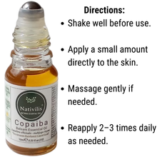 Load image into Gallery viewer, Nativilis Copaiba Essential Oil Roll-On 10ml – 100% Natural Copaifera officinalis | Anti-Inflammatory Pain Relief | GC/MS Tested | Travel Size | Beta-Caryophyllene Rich