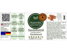 Load image into Gallery viewer, Nativilis Organic Sandalwood Essential Oil (Santalum album) Anti-ageing Soothes the skin Anti-tanning reduce the oxidative stress in the skin reverse sun ward off excess scalp sebum secretion Copaiba