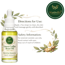 Load image into Gallery viewer, Nativilis Green Coffee Bean Oil for Face & Body – Coffea Arabica – Cold Pressed Cosmetic Oil – Lightweight, Fast Absorbing – Vegan