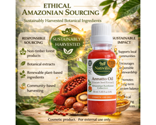 Load image into Gallery viewer, An advertisement-style product image for Nativitis Annatto Oil. A small white bottle filled with red oil is centered on a rustic background with cocoa beans, leaves, and golden light effects.