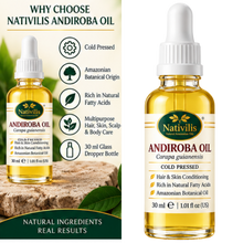 Load image into Gallery viewer, Nativilis Andiroba Oil – 100% Pure Carapa Guianensis Seed Oil – Amazonian Botanical Care for Hair, Scalp, Face & Body – Cold Pressed – 30 ml