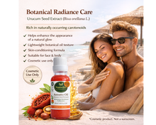 Load image into Gallery viewer, Botanical Radiance Care Urumcum Seed Extract (Bixa orellana L.) Annatto Oil by Soft Naturell, shown in a bottle next to a beach lifestyle photo of a smiling couple under umbrellas, with ingredients like annatto berries and nuts illustrated at the bottom.