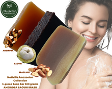 Load image into Gallery viewer, Nativilis Amazonian Collection 3-piece Soap Bar 300 grams - ANDIROBA BACURI BRAZIL NUT - Natural Vegan Emollient Face Skin Body Soap Moisturises & Cleanses No Chemicals Additives, Colours or Lauryl