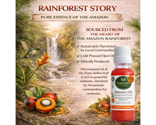 Load image into Gallery viewer, A bottle of Nativelli Annatto Oil positioned on the right side of a richly illustrated Amazon rainforest graphic. The background features a waterfall, a green toucan, tropical fruits, and text detailing the sustainable harvesting and cold-pressed production of the pure essence.
