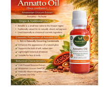 Load image into Gallery viewer, A bottle of Nativlis Annatto Oil (Bixa orellana L) shown on the right, next to a large descriptive text banner on the left detailing its origin, traditional use, cosmetic properties, and botanical characteristics, set against a warm background with cocoa beans and leaves.