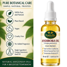 Load image into Gallery viewer, Nativilis Andiroba Oil – 100% Pure Carapa Guianensis Seed Oil – Amazonian Botanical Care for Hair, Scalp, Face & Body – Cold Pressed – 30 ml