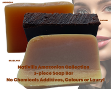 Load image into Gallery viewer, Nativilis Amazonian Collection 3-piece Soap Bar 300 grams - ANDIROBA BACURI BRAZIL NUT - Natural Vegan Emollient Face Skin Body Soap Moisturises & Cleanses No Chemicals Additives, Colours or Lauryl