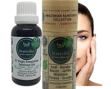 Load image into Gallery viewer, Nativilis 07 Virgin Amazonian Rainforest Oils 30 ml - ACAI - BACABA - BACURI – JAMBU - MULATEIRO - PATAUA – UCUUBA - enriched seven vegetable facial oils for skin care powerful anti-aging COPAIBA properties