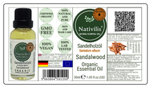 Load image into Gallery viewer, Nativilis Organic Sandalwood Essential Oil (Santalum album) Anti-ageing Soothes the skin Anti-tanning reduce the oxidative stress in the skin reverse sun ward off excess scalp sebum secretion Copaiba