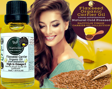 Load image into Gallery viewer, Nativilis Organic Flaxseed Carrier Oil (Linum usitatissimum) - linseed oil - Hair, Face & Skin - Natural Cold Pressed - High in Omega-3 - Improves Skin Smoothness – Moisturizes Dry Skin - Copaiba