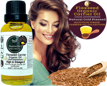 Load image into Gallery viewer, Nativilis Organic Flaxseed Carrier Oil (Linum usitatissimum) - linseed oil - Hair, Face & Skin - Natural Cold Pressed - High in Omega-3 - Improves Skin Smoothness – Moisturizes Dry Skin - Copaiba