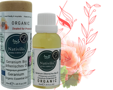 Load image into Gallery viewer, Nativilis Organic Geranium Essential Oil (Pelargonium graveolens) - 100% Natural - 30ml - (GC/MS Tested)