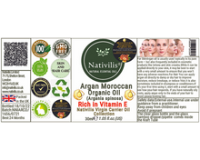Load image into Gallery viewer, Nativilis Organic Argan Oil Moroccan (Argania spinosa) Hair, Face & Skin - Natural Cold Pressed Carrier Oil - Pure & Natural, Anti-Ageing, Antioxidant, Vegan, No GMO - Rich in Vitamin E – Copaiba