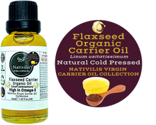 Load image into Gallery viewer, Nativilis Organic Flaxseed Carrier Oil (Linum usitatissimum) - linseed oil - Hair, Face & Skin - Natural Cold Pressed - High in Omega-3 - Improves Skin Smoothness – Moisturizes Dry Skin - Copaiba