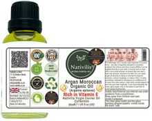 Load image into Gallery viewer, Nativilis Organic Argan Oil Moroccan (Argania spinosa) Hair, Face & Skin - Natural Cold Pressed Carrier Oil - Pure & Natural, Anti-Ageing, Antioxidant, Vegan, No GMO - Rich in Vitamin E – Copaiba