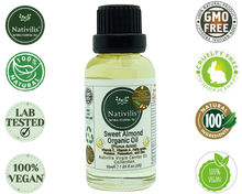 Load image into Gallery viewer, Nativilis Sweet Almond Carrier Oil (Prunus dulcis) King of Nuts- Hair, Face & Skin Natural Cold Pressed – Cleansing Moisturizer Face Chapped Lips Emollient Properties Healthy Scalp - Copaiba