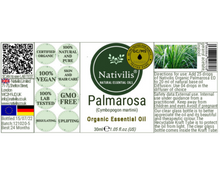 Load image into Gallery viewer, Nativilis Organic Palmarosa Essential Oil (Cymbopogon martinii)- 100% Natural - 30ml - (GC/MS Tested)