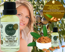 Load image into Gallery viewer, Nativilis Sweet Almond Carrier Oil (Prunus dulcis) King of Nuts- Hair, Face & Skin Natural Cold Pressed – Cleansing Moisturizer Face Chapped Lips Emollient Properties Healthy Scalp - Copaiba