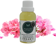 Load image into Gallery viewer, Nativilis Organic Geranium Essential Oil (Pelargonium graveolens) - 100% Natural - 30ml - (GC/MS Tested)
