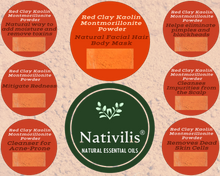 Load image into Gallery viewer, Nativilis Red Clay Kaolin Montmorillonite Powder - Natural Facial Hair Body Mask Mitigate redness removes dead skin cells blackheads cleanser for acne-prone, oily, and problem skin - Copaiba
