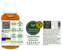 Load image into Gallery viewer, Nativilis Organic Cedarwood Essential Oil (Cedrus atlantica) - 100% Natural - 30ml - (GC/MS Tested)