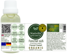Load image into Gallery viewer, Nativilis Organic Fennel Sweet Essential Oil (Foeniculum vulgare) - 100% Natural - 30ml - (GC/MS Tested)