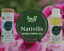 Load image into Gallery viewer, Nativilis Organic Geranium Essential Oil (Pelargonium graveolens) - 100% Natural - 30ml - (GC/MS Tested)