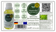 Load image into Gallery viewer, Nativilis Organic Lemongrass Essential Oil (Cymbopogon citratus) - 100% Natural - 30ml - (GC/MS Tested)