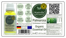 Load image into Gallery viewer, Nativilis Organic Palmarosa Essential Oil (Cymbopogon martinii)- 100% Natural - 30ml - (GC/MS Tested)