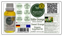 Load image into Gallery viewer, Nativilis Organic Sweet Orange Essential Oil (Citrus sinensis) - 100% Natural - 30ml - (GC/MS Tested)