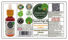 Load image into Gallery viewer, Nativilis TUCUMA VIRGIN OIL (Astrocaryum vulgare) Amazonian Rainforest Collection HIGH CONCENTRATION VITAMIN-A BETA-CAROTENE - SKIN and Hair Care - nourishing, moisturizing, antioxidant and anti-inflammatory properties - Copaiba