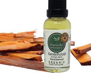 Nativilis Organic Sandalwood Essential Oil (Santalum album) Anti-ageing Soothes the skin Anti-tanning reduce the oxidative stress in the skin reverse sun ward off excess scalp sebum secretion Copaiba