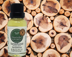 Nativilis Organic Sandalwood Essential Oil (Santalum album) Anti-ageing Soothes the skin Anti-tanning reduce the oxidative stress in the skin reverse sun ward off excess scalp sebum secretion Copaiba