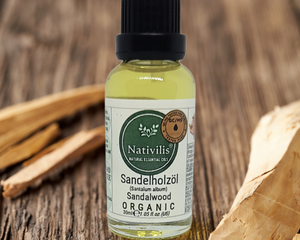 Nativilis Organic Sandalwood Essential Oil (Santalum album) Anti-ageing Soothes the skin Anti-tanning reduce the oxidative stress in the skin reverse sun ward off excess scalp sebum secretion Copaiba