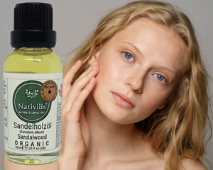 Nativilis Organic Sandalwood Essential Oil (Santalum album) Anti-ageing Soothes the skin Anti-tanning reduce the oxidative stress in the skin reverse sun ward off excess scalp sebum secretion Copaiba