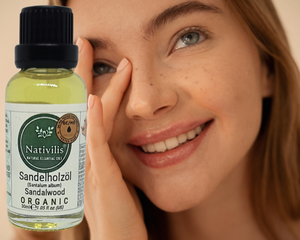 Nativilis Organic Sandalwood Essential Oil (Santalum album) Anti-ageing Soothes the skin Anti-tanning reduce the oxidative stress in the skin reverse sun ward off excess scalp sebum secretion Copaiba