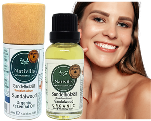 Nativilis Organic Sandalwood Essential Oil (Santalum album) Anti-ageing Soothes the skin Anti-tanning reduce the oxidative stress in the skin reverse sun ward off excess scalp sebum secretion Copaiba