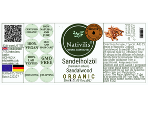 Nativilis Organic Sandalwood Essential Oil (Santalum album) Anti-ageing Soothes the skin Anti-tanning reduce the oxidative stress in the skin reverse sun ward off excess scalp sebum secretion Copaiba