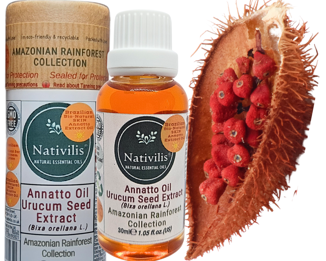 Nativilis Amazonian Urucum Seed Extract Annatto Oil 30 ml (Bixa orellana L.) Emolient for Suncream Lotion | Ultraviolet Rays Protection properties – Brazilian Bio-Natural Skin Tanning Oil - Copaiba Benefits