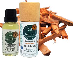 Nativilis Organic Sandalwood Essential Oil (Santalum album) Anti-ageing Soothes the skin Anti-tanning reduce the oxidative stress in the skin reverse sun ward off excess scalp sebum secretion Copaiba