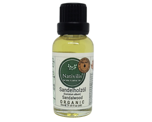 Nativilis Organic Sandalwood Essential Oil (Santalum album) Anti-ageing Soothes the skin Anti-tanning reduce the oxidative stress in the skin reverse sun ward off excess scalp sebum secretion Copaiba