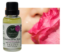 Load image into Gallery viewer, Nativilis Organic Rose Otto Essential Oil (Rosa damascena) - 100% Pure and Natural - 30ml - (GC/MS Tested) -
