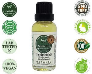 Nativilis Organic Sandalwood Essential Oil (Santalum album) Anti-ageing Soothes the skin Anti-tanning reduce the oxidative stress in the skin reverse sun ward off excess scalp sebum secretion Copaiba