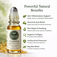Load image into Gallery viewer, Nativilis Copaiba Essential Oil Roll-On 10ml – 100% Natural Copaifera officinalis | Anti-Inflammatory Pain Relief | GC/MS Tested | Travel Size | Beta-Caryophyllene Rich

