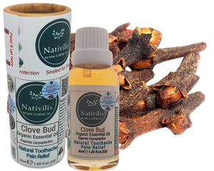 Nativilis Organic Clove Bud Essential Oil (Eugenia Caryophyllus) - natural pain reliever for toothache muscle pain - skin care - Copaiba properties 30ml