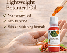 Load image into Gallery viewer, A bottle of Nativis Annatto Oil botanical oil shown next to an open hand holding droplets of the orange-red oil, with a pipette dripping more oil above. Text on the left highlights non-greasy feel, easy to blend, and skin-conditioning formula.
